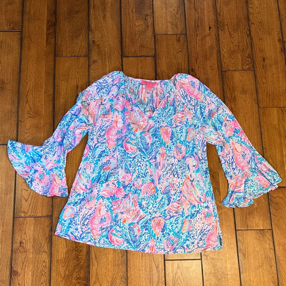 Lilly Pulitzer Pink & Aqua Floral Bell Sleeve Top
